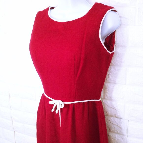 Vintage 60s Handmade Sheath Tank Dress Lady(8) Wool Piping-Trim Bow Zipper Red - Picture 2 of 10